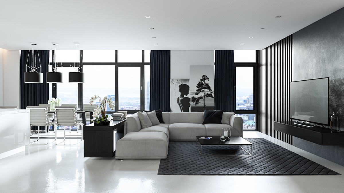 black-and-white-decorating-ideas-big-black-floor-mat-black-curtains